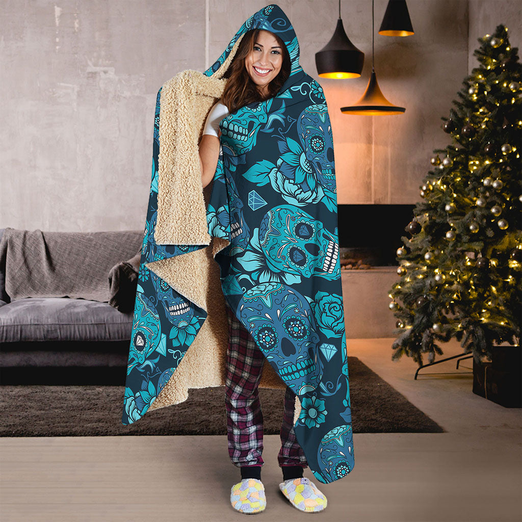 Teal Sugar Skull Flower Pattern Print Hooded Blanket