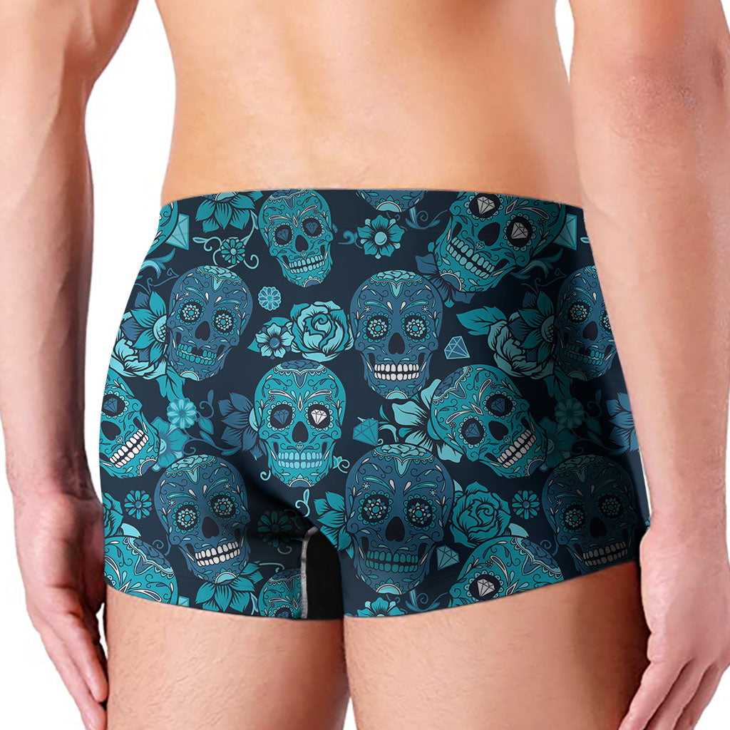 Teal Sugar Skull Flower Pattern Print Men's Boxer Briefs