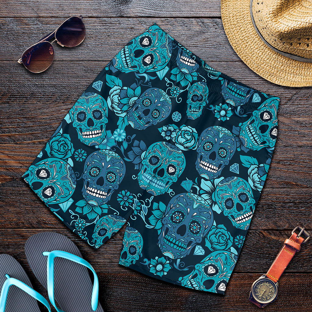 Teal Sugar Skull Flower Pattern Print Men's Shorts