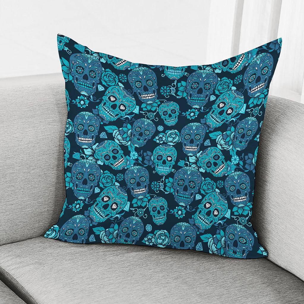Teal Sugar Skull Flower Pattern Print Pillow Cover