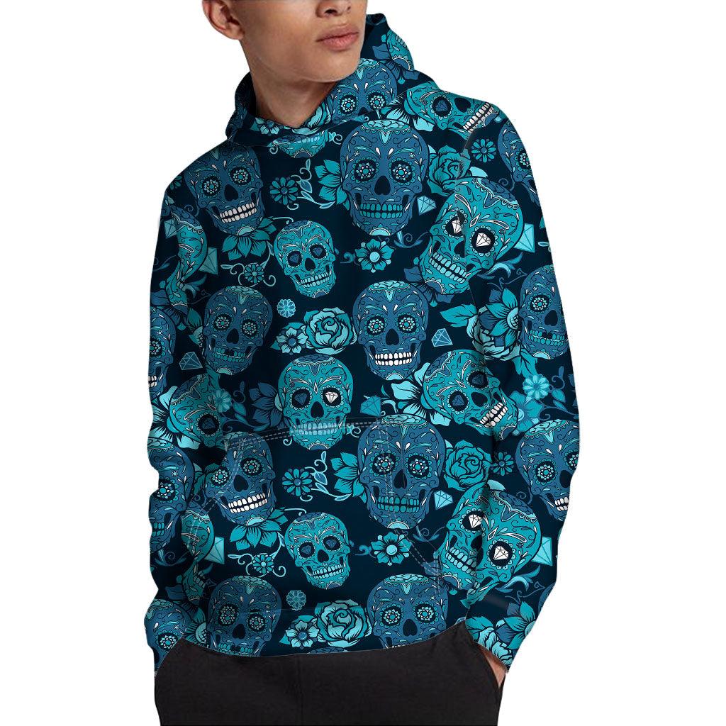 Teal Sugar Skull Flower Pattern Print Pullover Hoodie