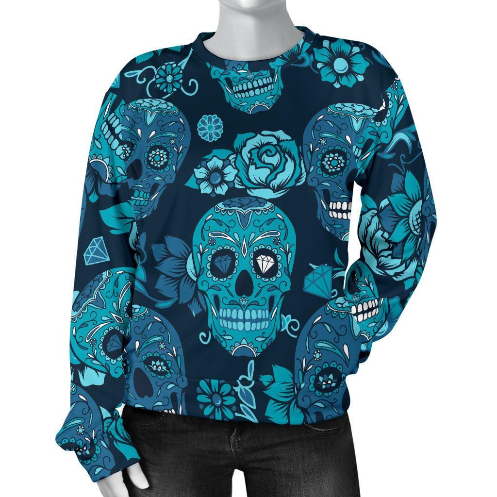Teal Sugar Skull Flower Pattern Print Women's Crewneck Sweatshirt GearFrost