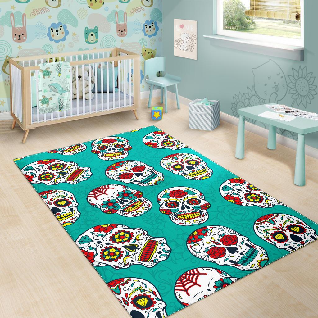 Teal Sugar Skull Pattern Print Area Rug GearFrost