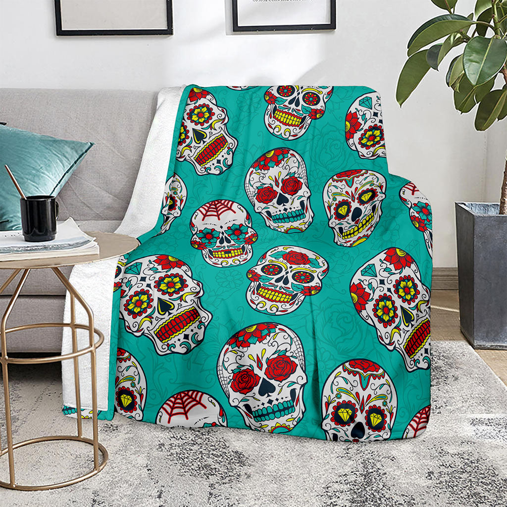 Teal Sugar Skull Pattern Print Blanket
