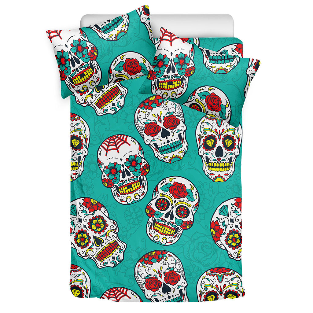 Teal Sugar Skull Pattern Print Duvet Cover Bedding Set