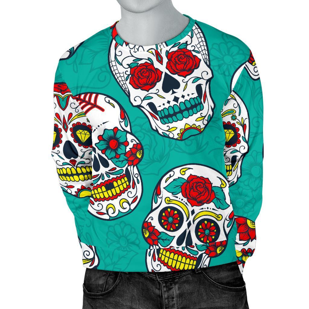 Teal Sugar Skull Pattern Print Men's Crewneck Sweatshirt GearFrost