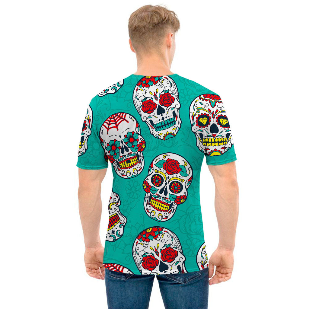 Teal Sugar Skull Pattern Print Men's T-Shirt