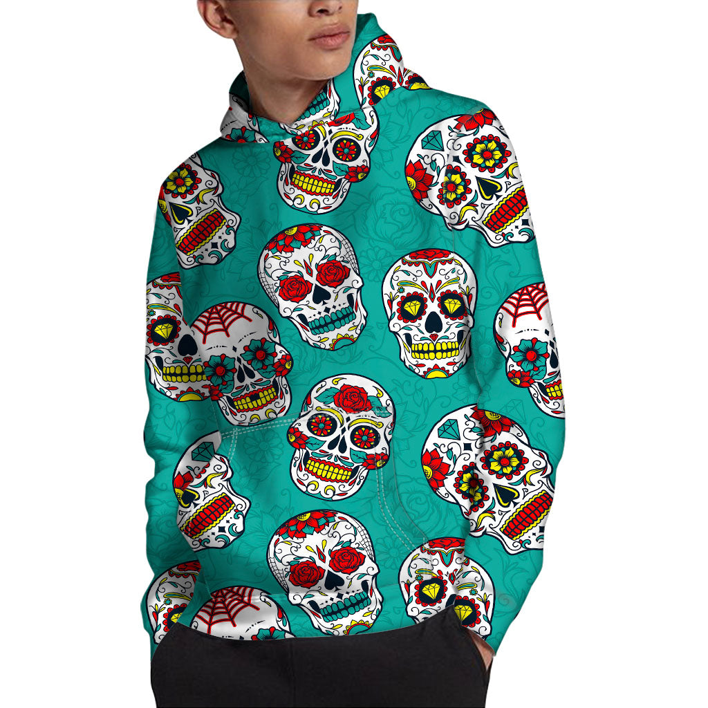 Teal Sugar Skull Pattern Print Pullover Hoodie