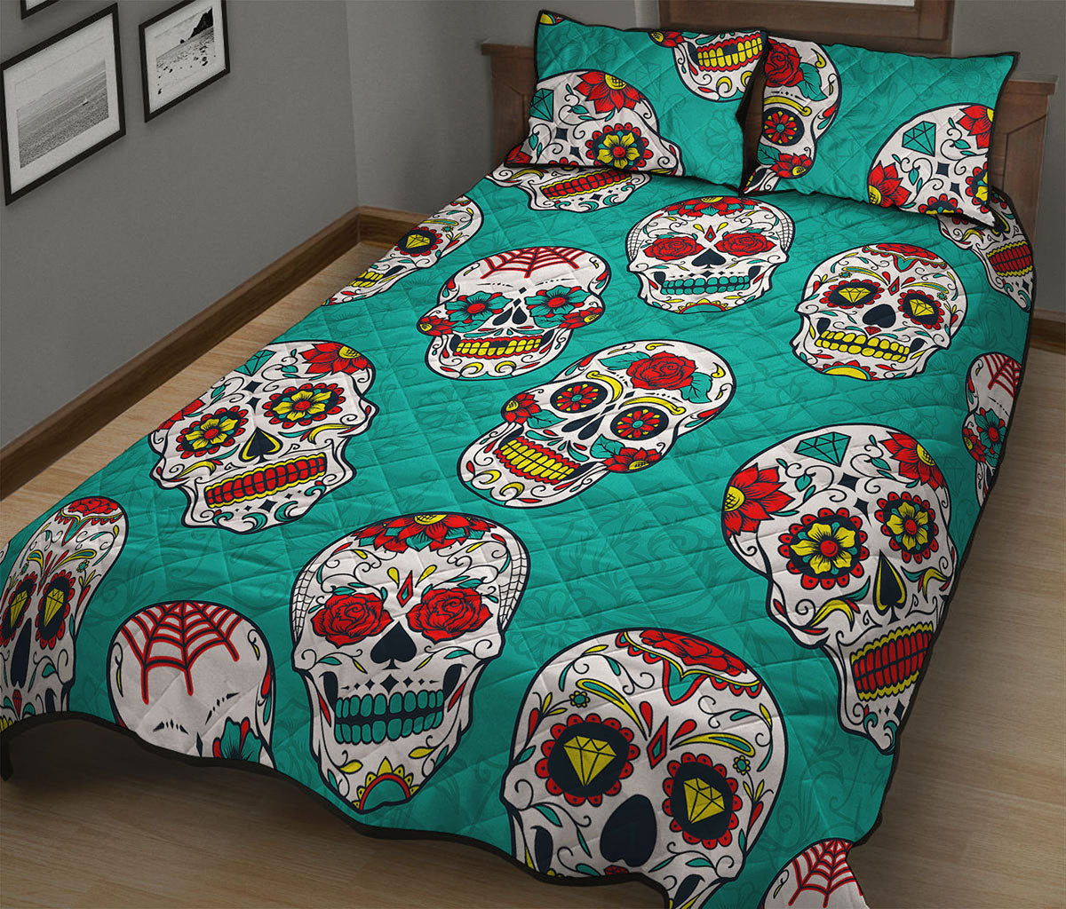 Teal Sugar Skull Pattern Print Quilt Bed Set