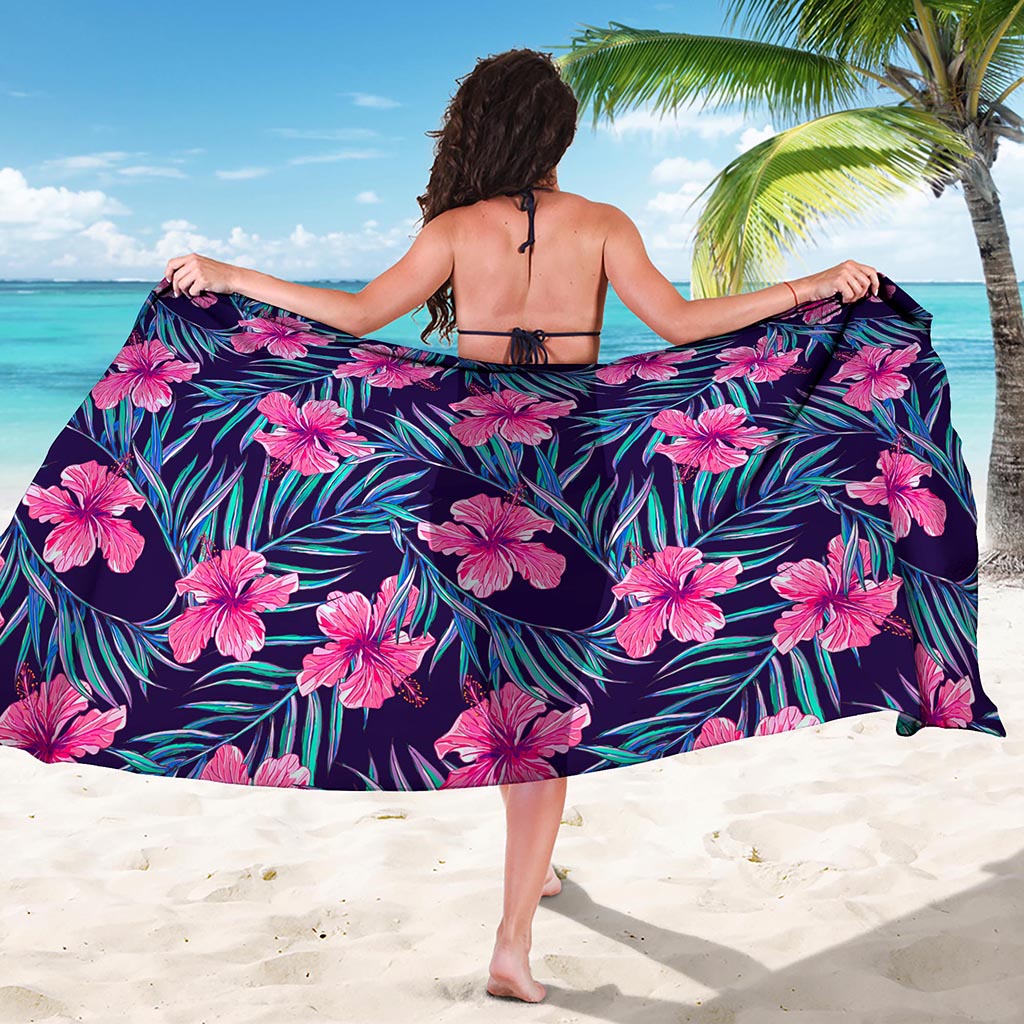 Teal Tropical Hibiscus Pattern Print Beach Sarong Wrap