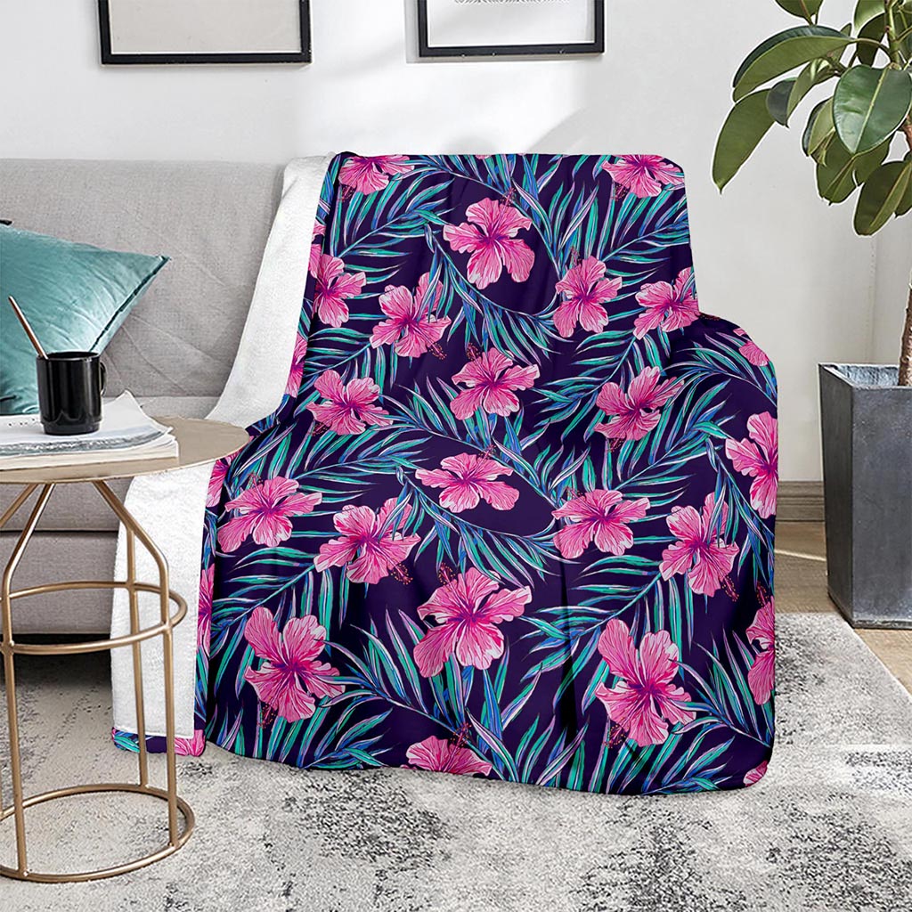 Teal Tropical Hibiscus Pattern Print Blanket