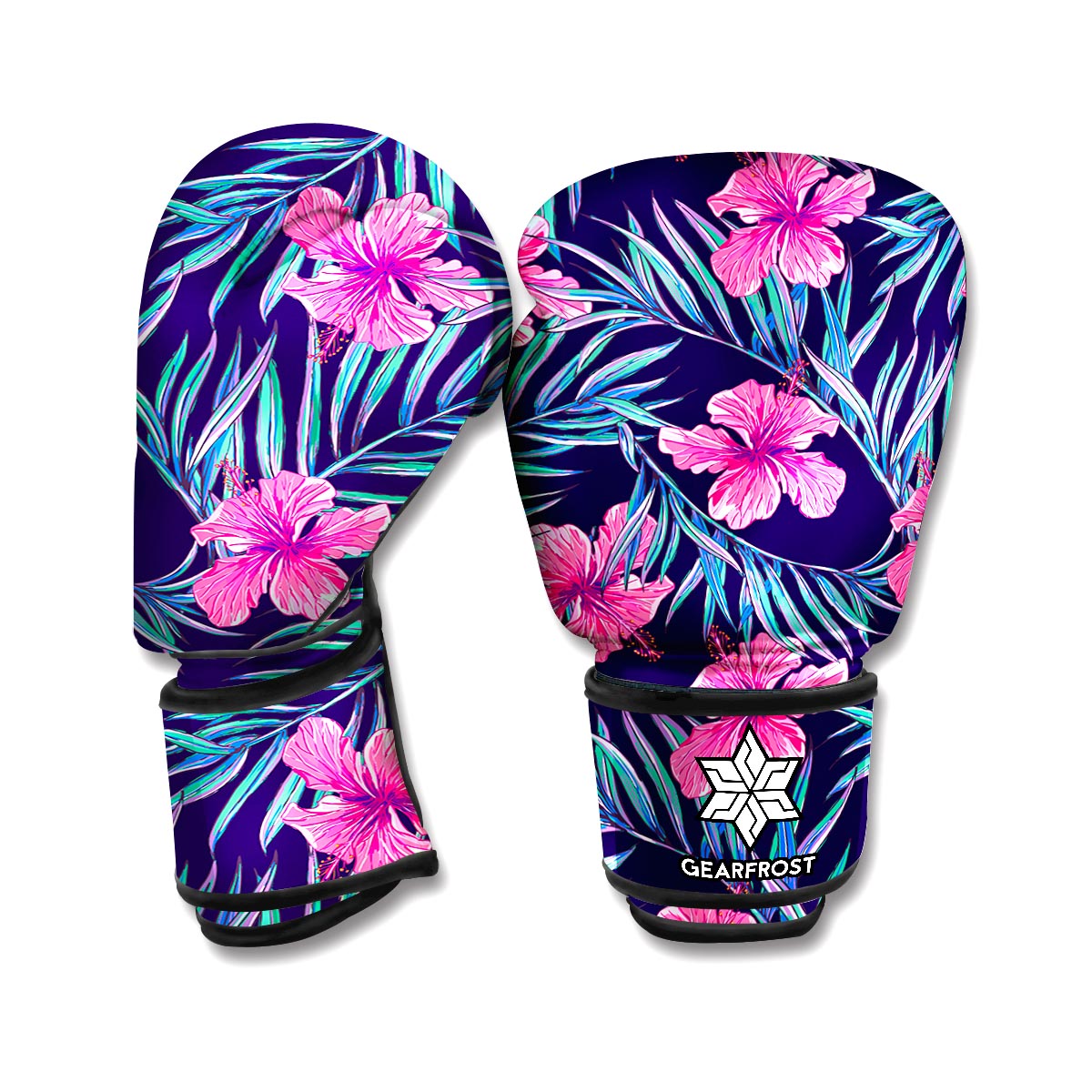 Teal Tropical Hibiscus Pattern Print Boxing Gloves