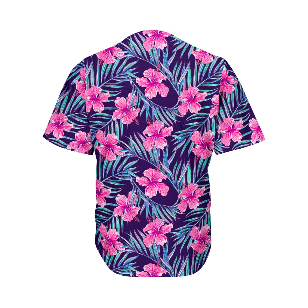 Teal Tropical Hibiscus Pattern Print Men's Baseball Jersey