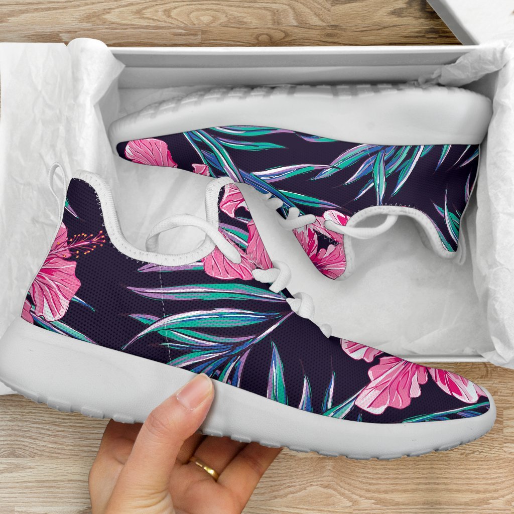 Teal Tropical Hibiscus Pattern Print Mesh Knit Shoes GearFrost