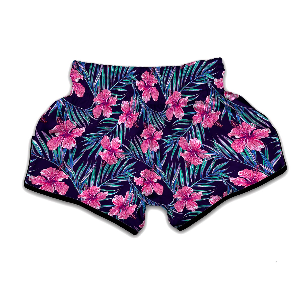 Teal Tropical Hibiscus Pattern Print Muay Thai Boxing Shorts