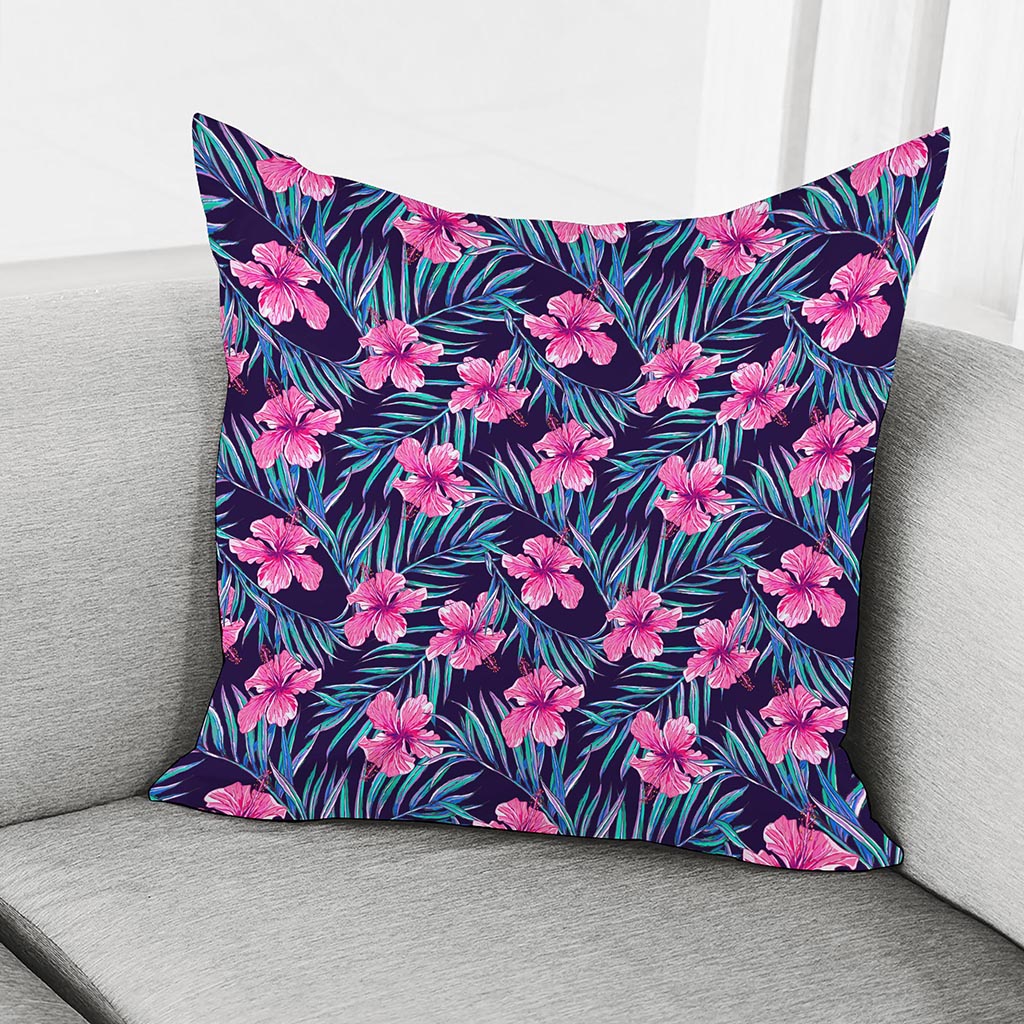 Teal Tropical Hibiscus Pattern Print Pillow Cover
