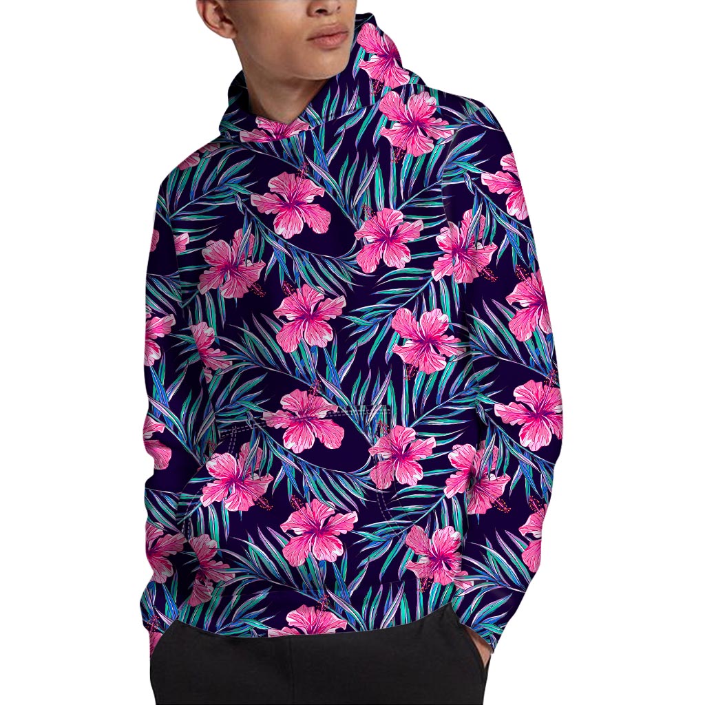Teal Tropical Hibiscus Pattern Print Pullover Hoodie