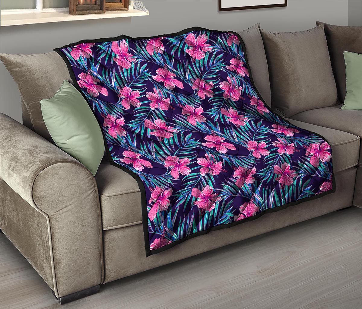 Teal Tropical Hibiscus Pattern Print Quilt