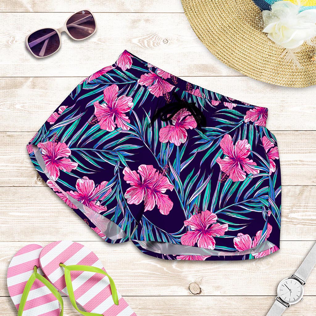 Teal Tropical Hibiscus Pattern Print Women's Shorts