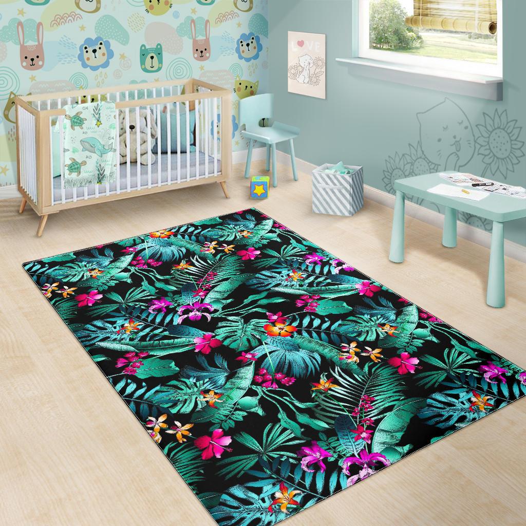 Teal Tropical Leaf Hawaii Pattern Print Area Rug GearFrost