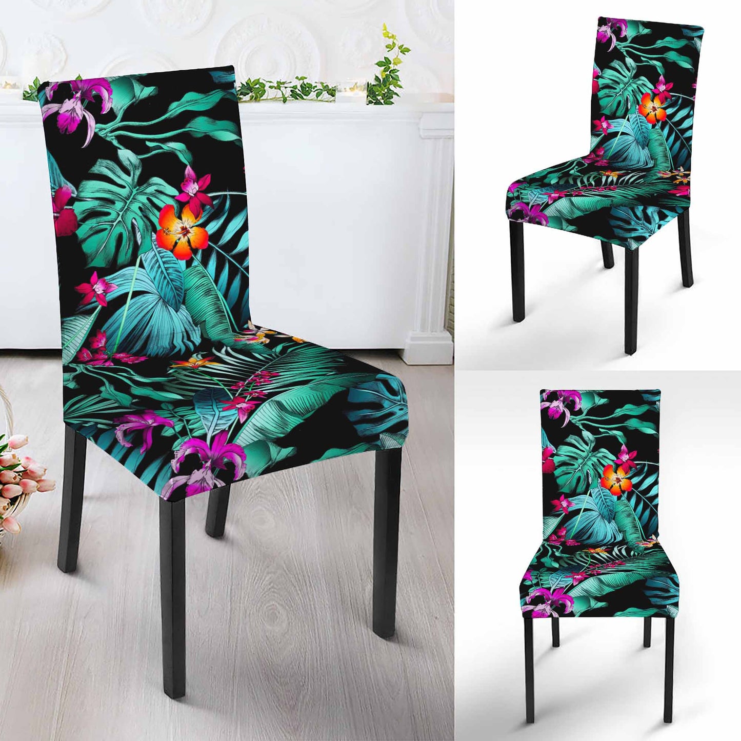 Teal Tropical Leaf Hawaii Pattern Print Dining Chair Slipcover
