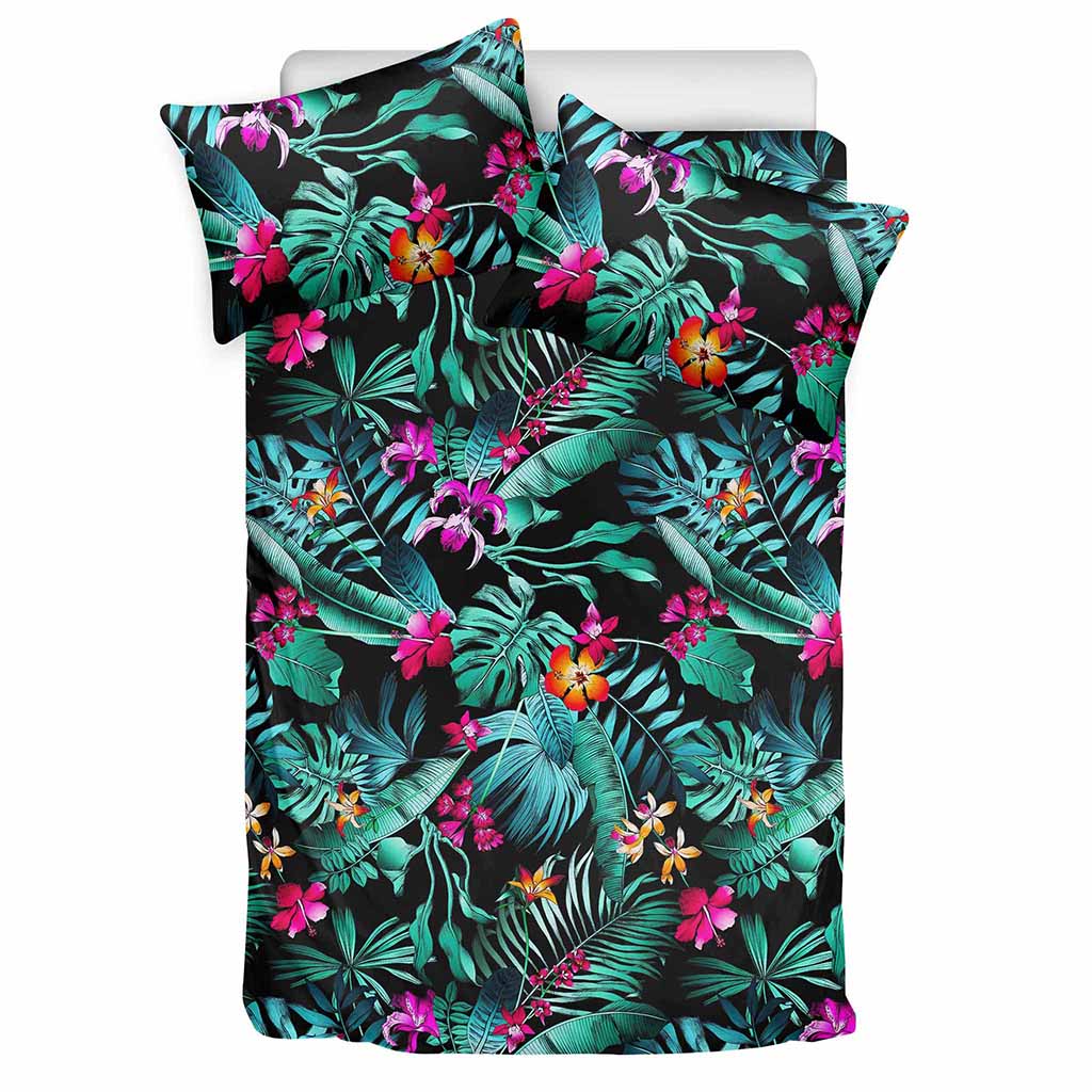 Teal Tropical Leaf Hawaii Pattern Print Duvet Cover Bedding Set
