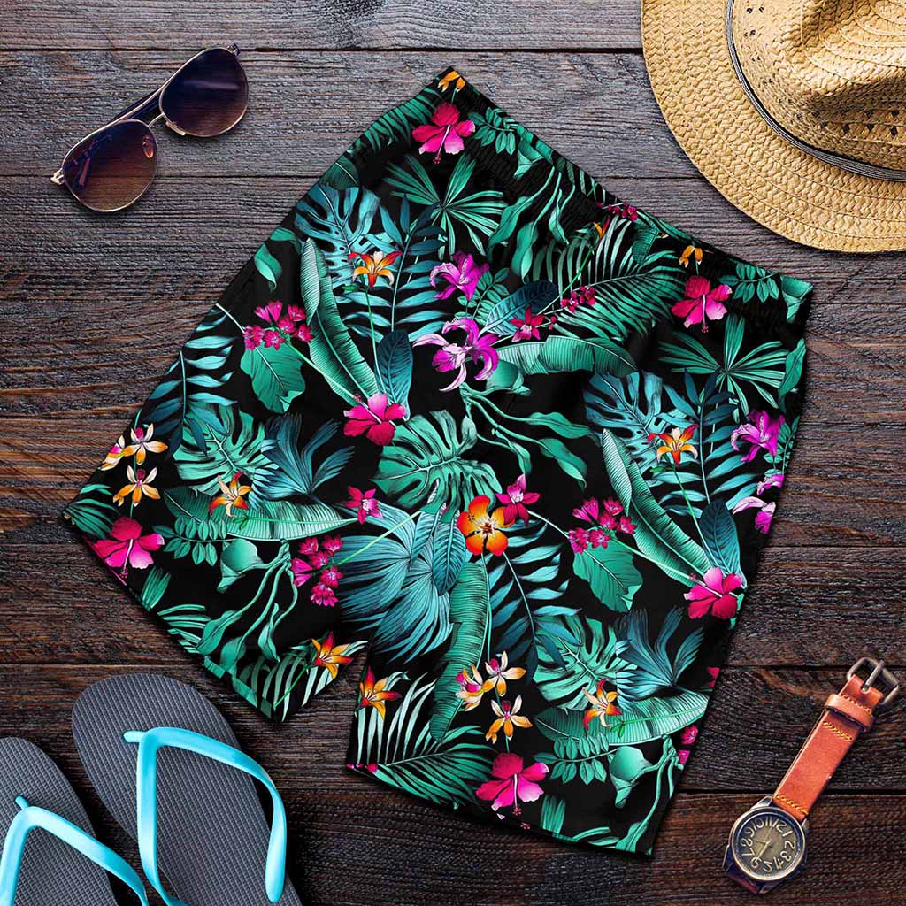 Teal Tropical Leaf Hawaii Pattern Print Men's Shorts