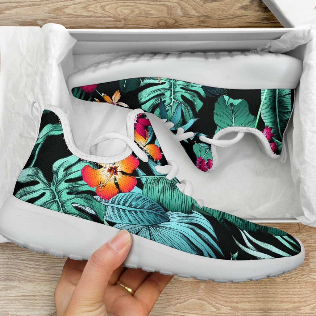 Teal Tropical Leaf Hawaii Pattern Print Mesh Knit Shoes GearFrost