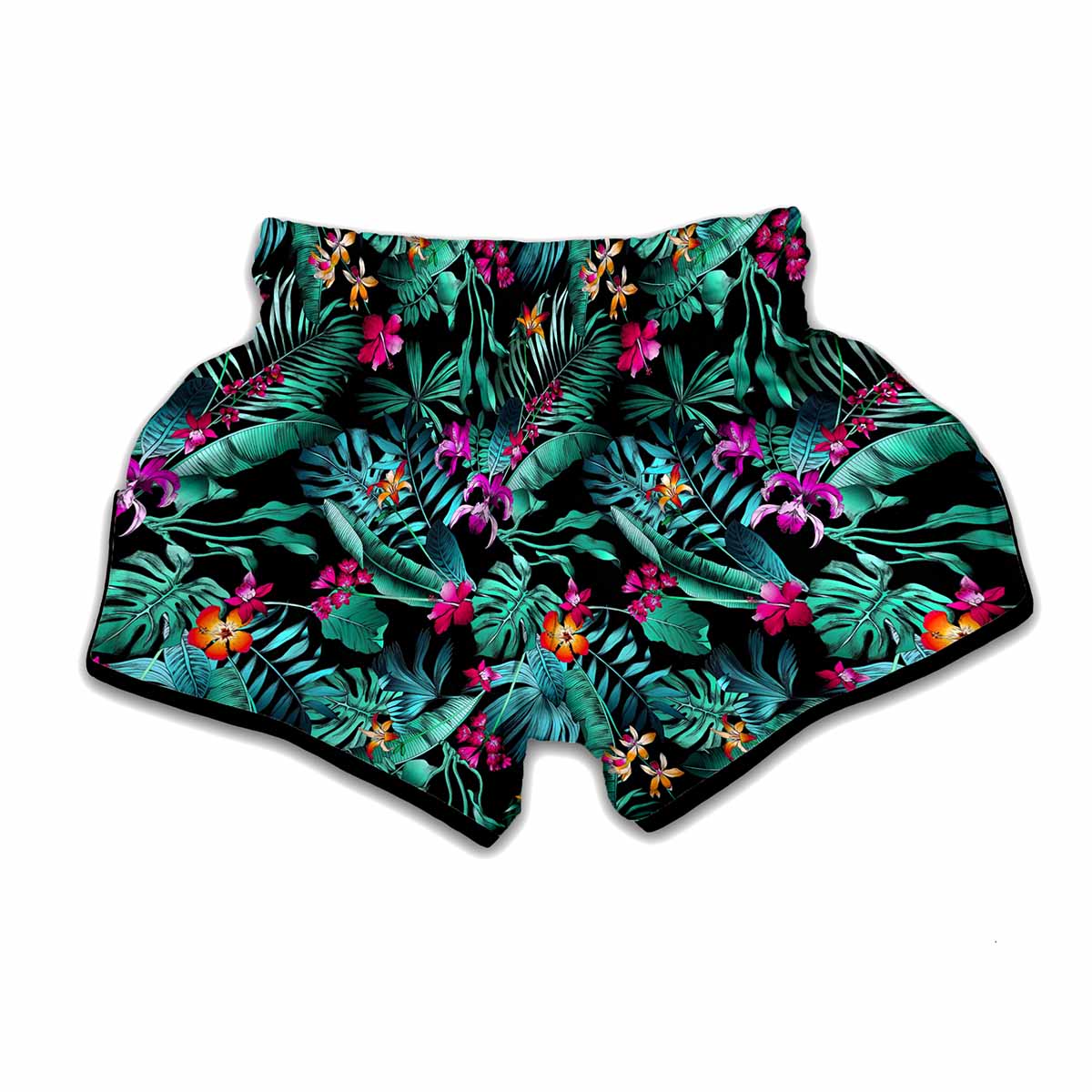 Teal Tropical Leaf Hawaii Pattern Print Muay Thai Boxing Shorts