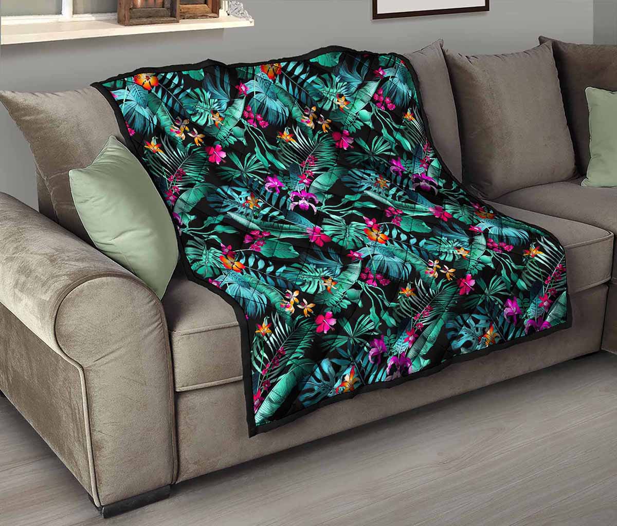 Teal Tropical Leaf Hawaii Pattern Print Quilt