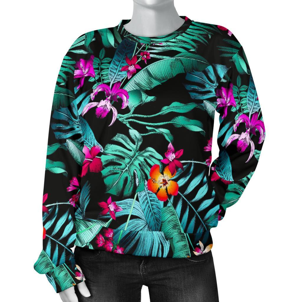 Teal Tropical Leaf Hawaii Pattern Print Women's Crewneck Sweatshirt GearFrost