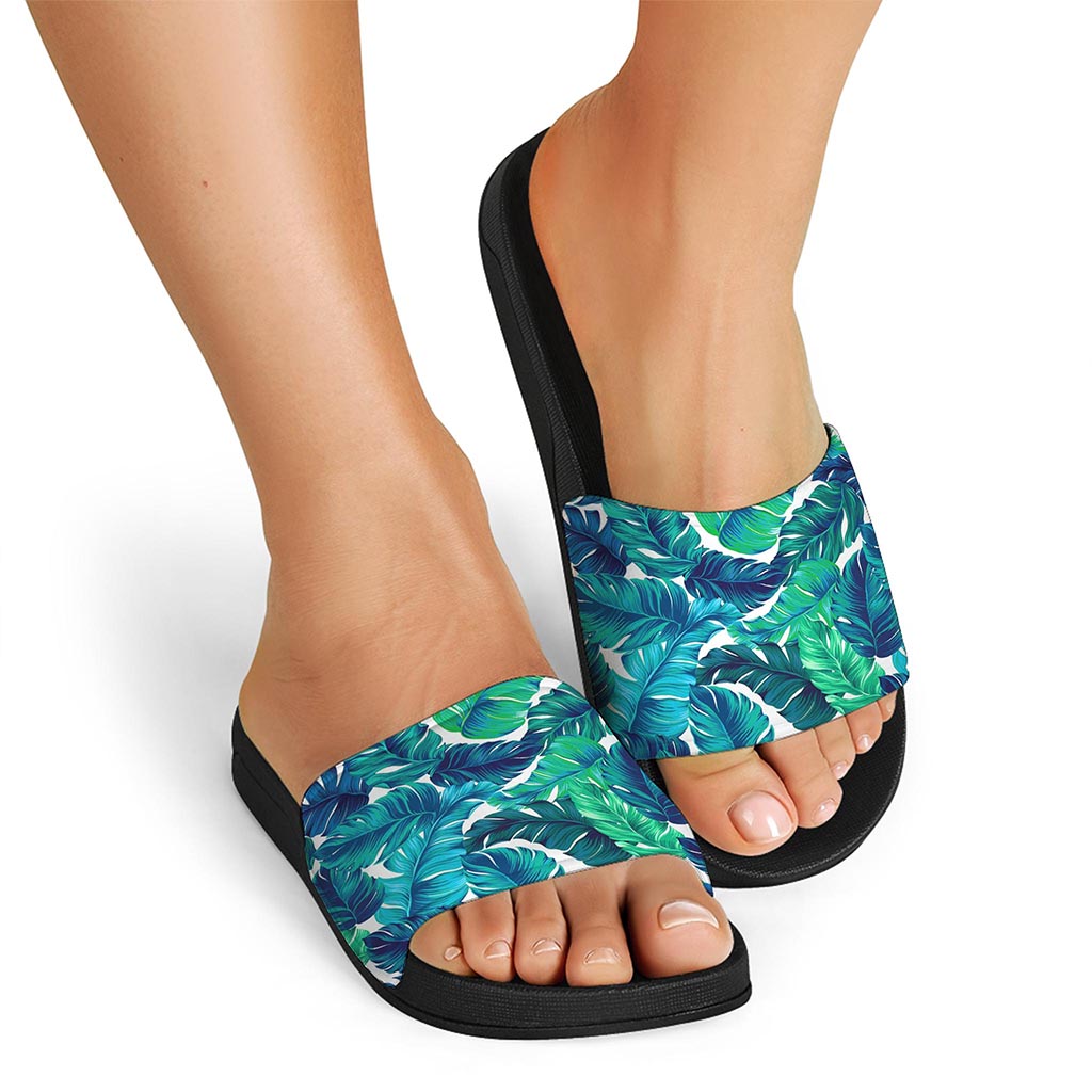 Teal Tropical Leaf Pattern Print Black Slide Sandals