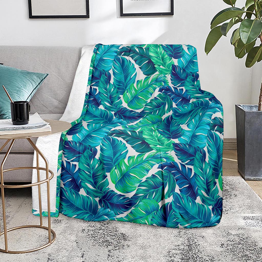Teal Tropical Leaf Pattern Print Blanket
