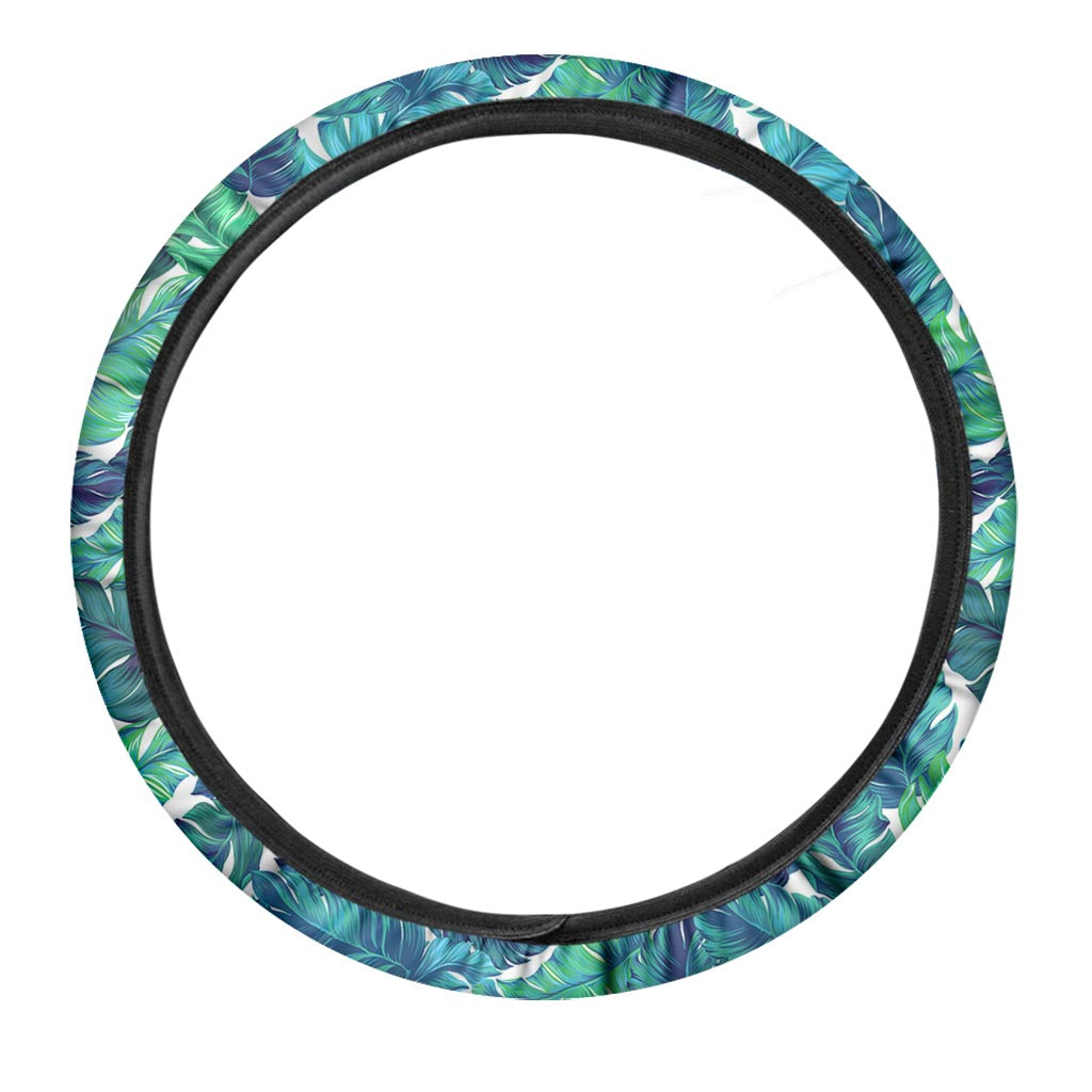 Teal Tropical Leaf Pattern Print Car Steering Wheel Cover