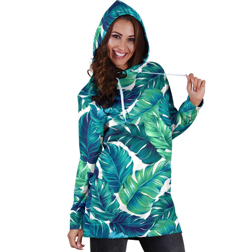 Teal Tropical Leaf Pattern Print Hoodie Dress GearFrost
