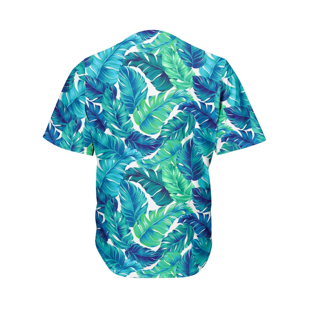 Teal Tropical Leaf Pattern Print Men's Baseball Jersey