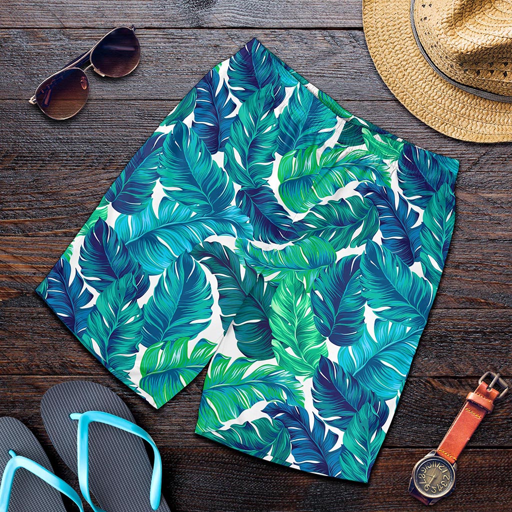 Teal Tropical Leaf Pattern Print Men's Shorts