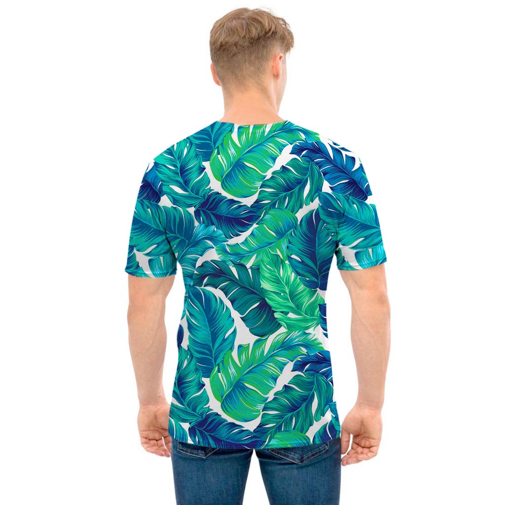 Teal Tropical Leaf Pattern Print Men's T-Shirt