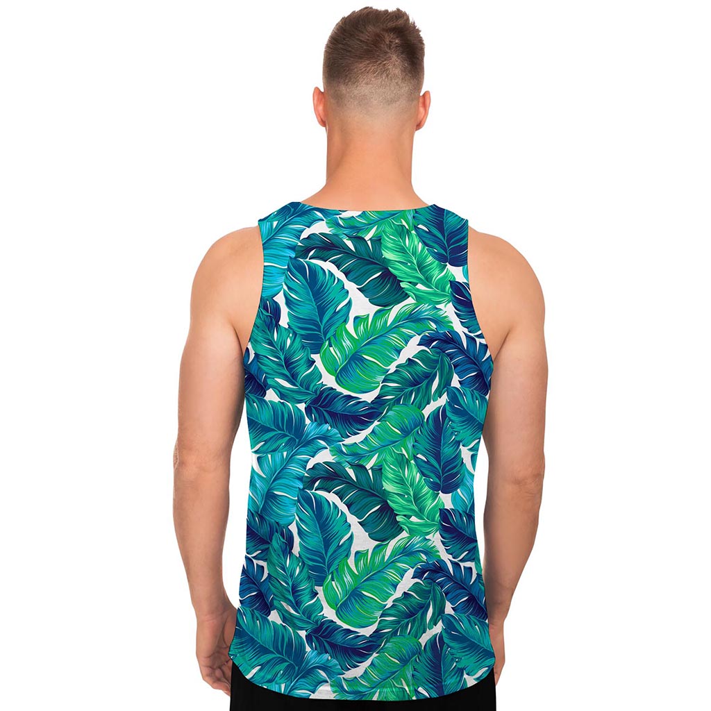 Teal Tropical Leaf Pattern Print Men's Tank Top