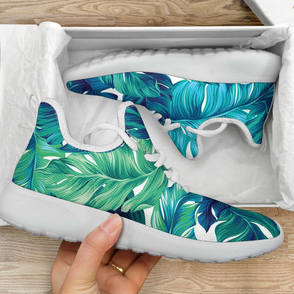 Teal Tropical Leaf Pattern Print Mesh Knit Shoes GearFrost