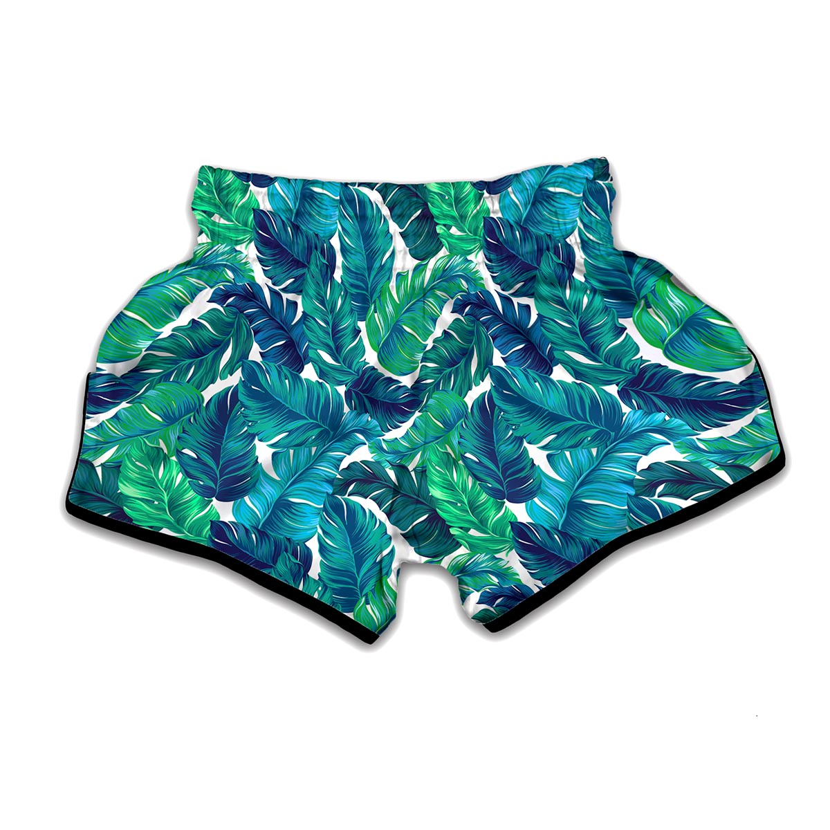 Teal Tropical Leaf Pattern Print Muay Thai Boxing Shorts
