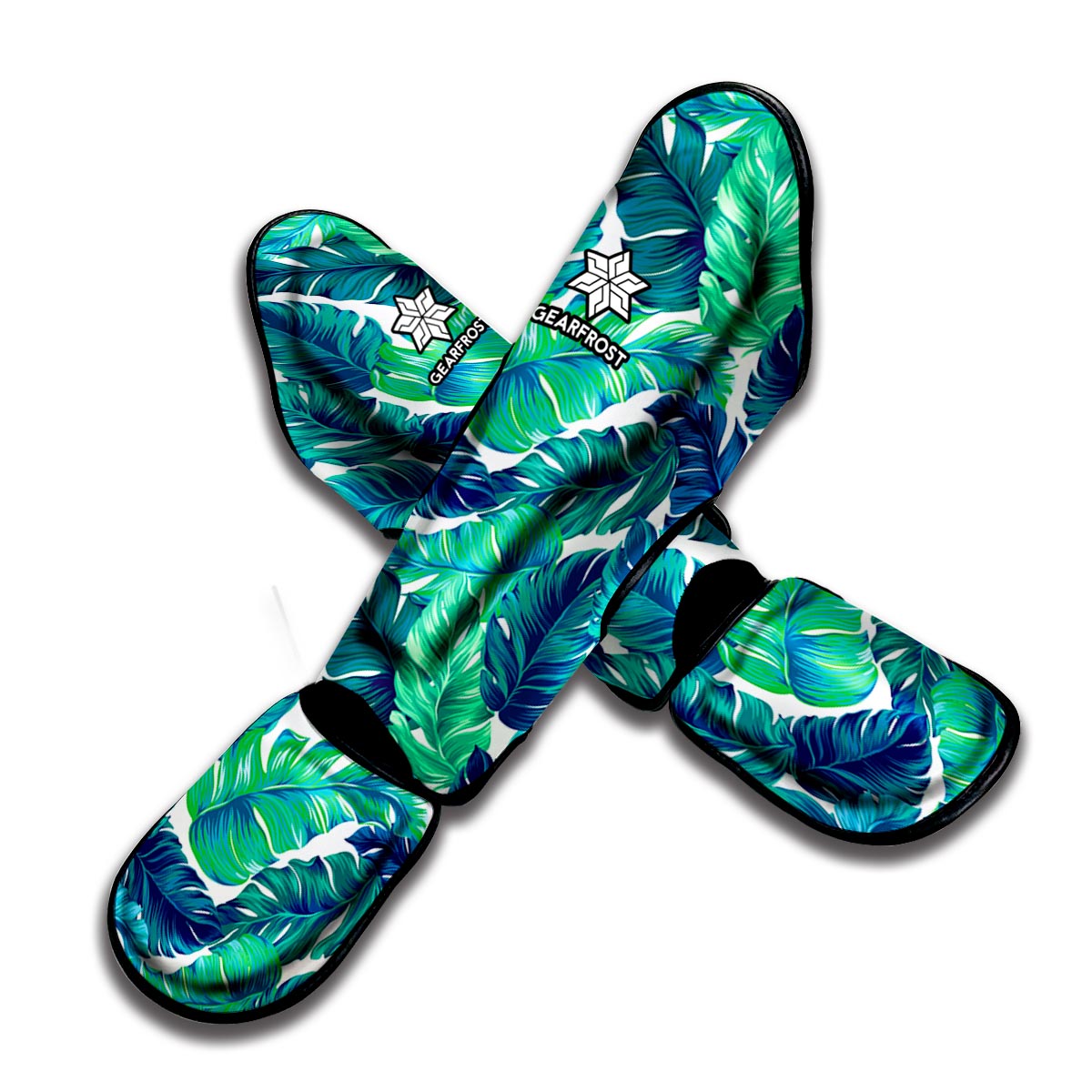 Teal Tropical Leaf Pattern Print Muay Thai Shin Guard