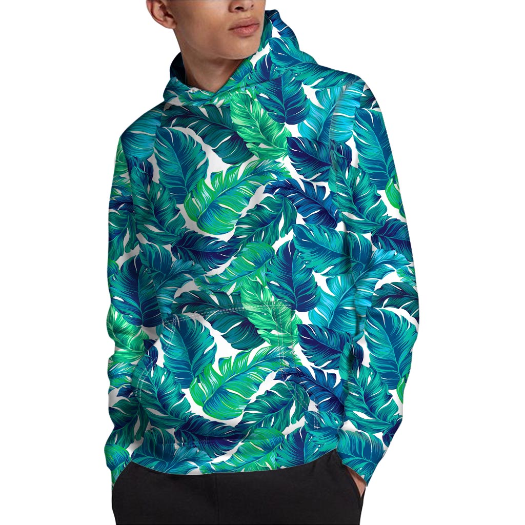 Teal Tropical Leaf Pattern Print Pullover Hoodie