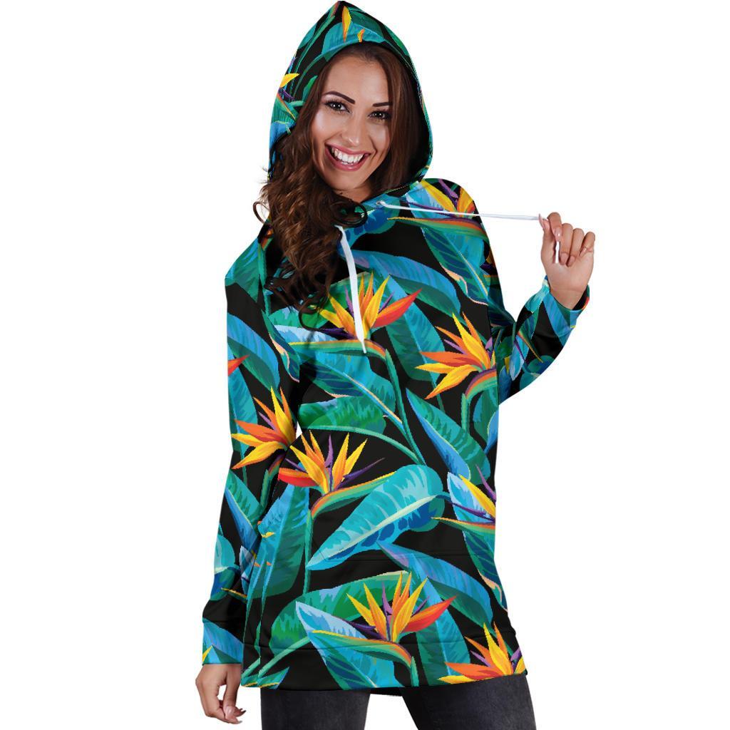 Teal Tropical Pattern Print Hoodie Dress GearFrost