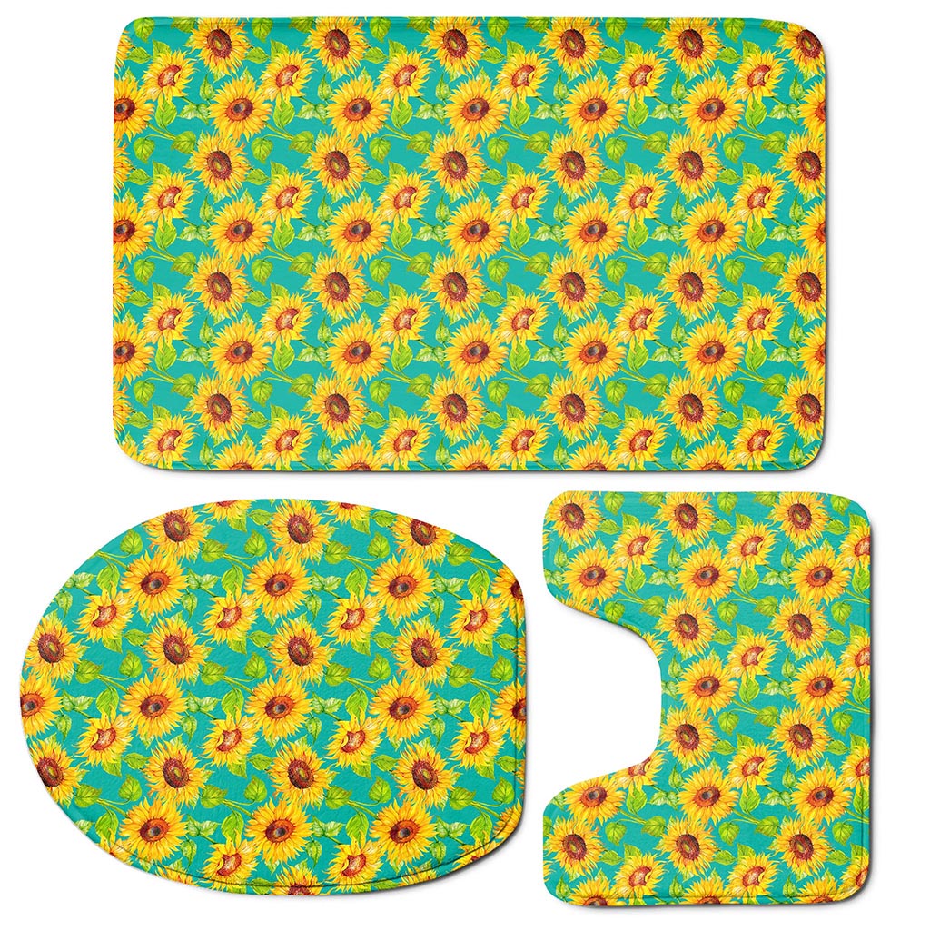 Teal Watercolor Sunflower Pattern Print 3 Piece Bath Mat Set
