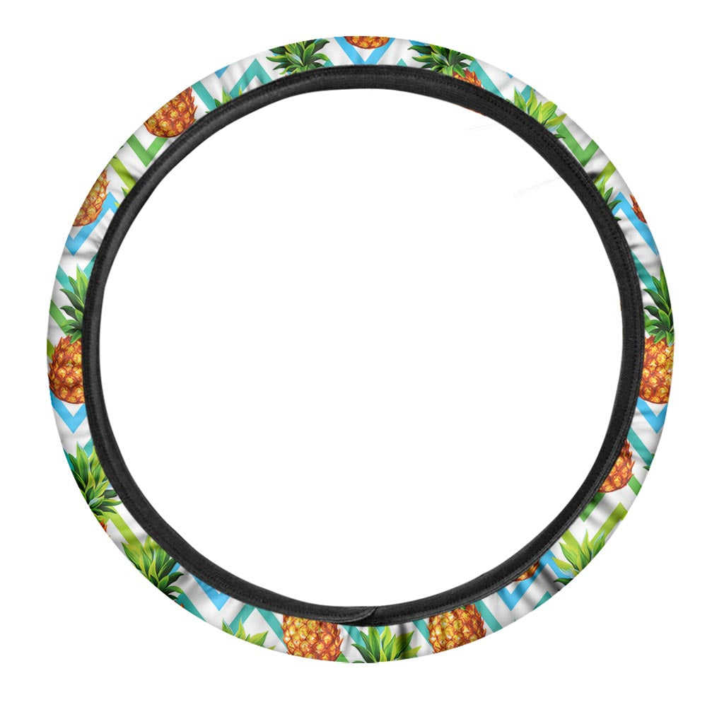 Teal Zig Zag Pineapple Pattern Print Car Steering Wheel Cover