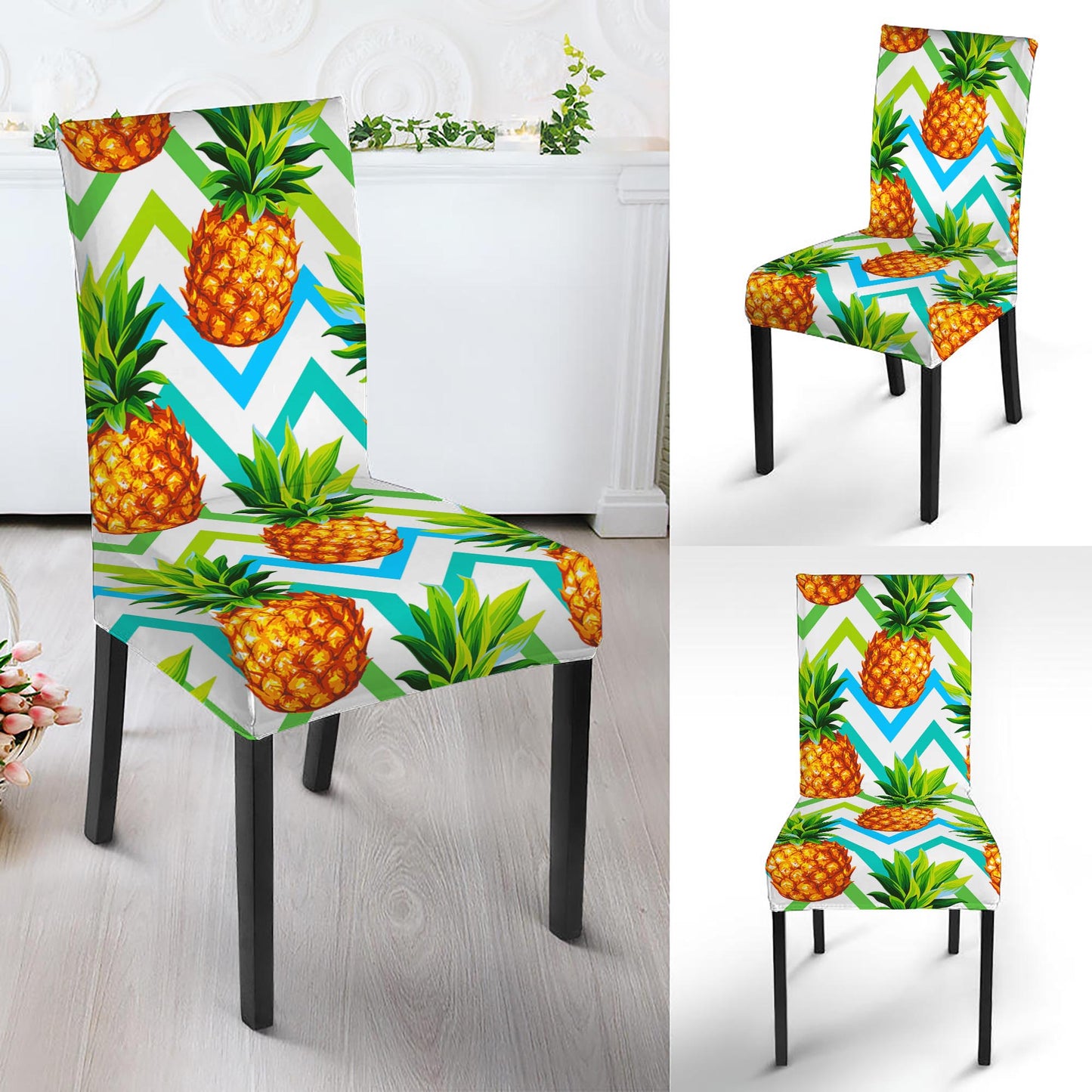 Teal Zig Zag Pineapple Pattern Print Dining Chair Slipcover