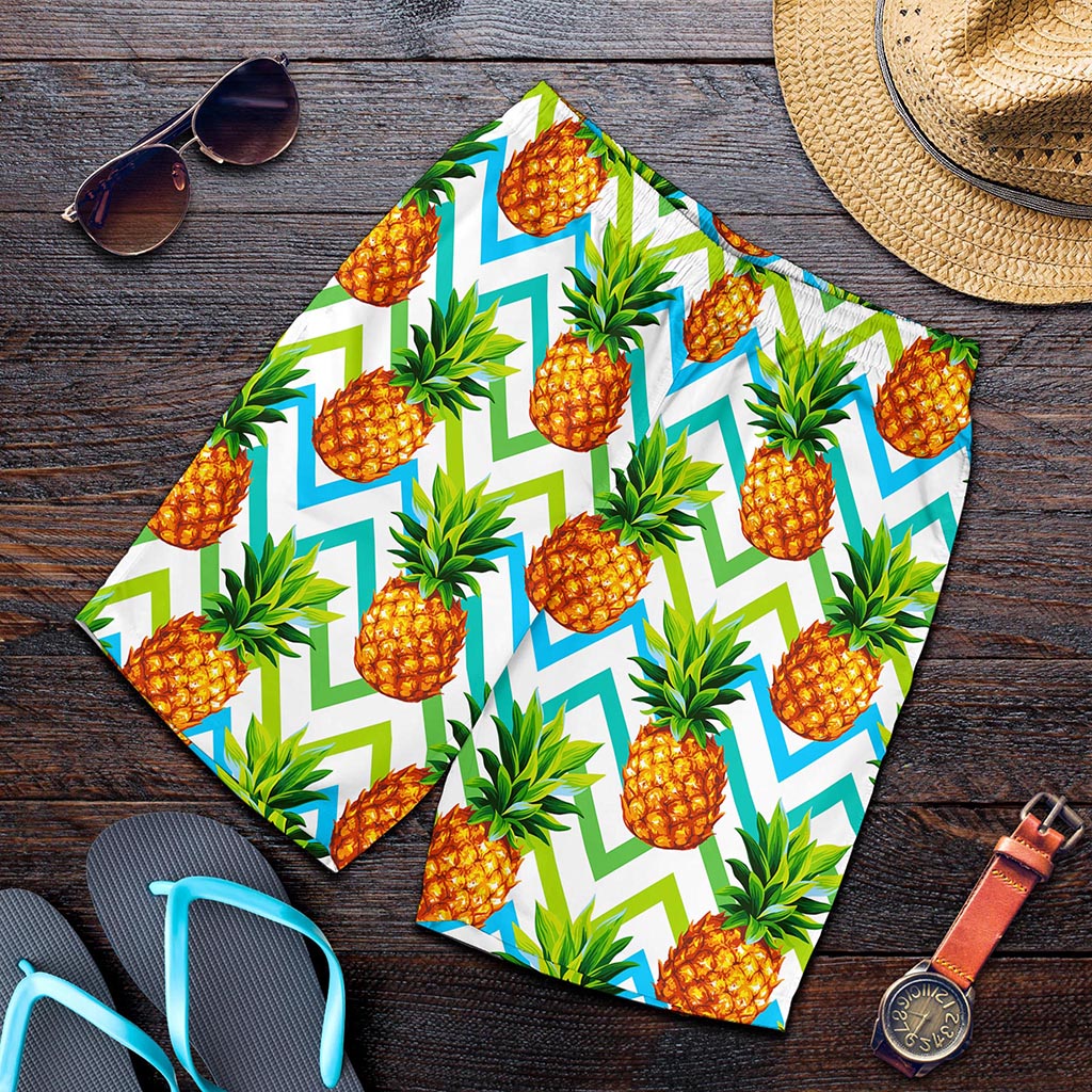 Teal Zig Zag Pineapple Pattern Print Men's Shorts