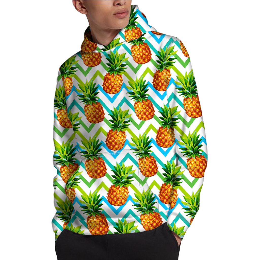 Teal Zig Zag Pineapple Pattern Print Pullover Hoodie