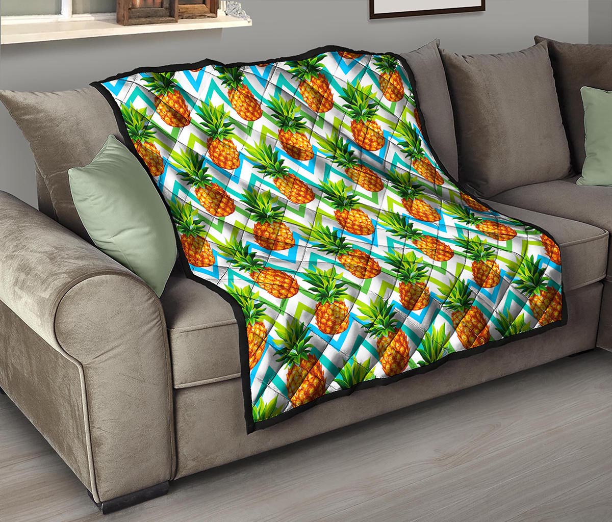 Teal Zig Zag Pineapple Pattern Print Quilt